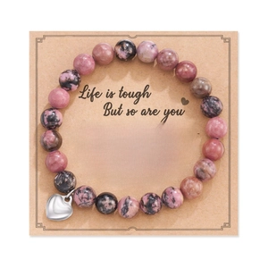 Pink zebra jasper heart pendant bracelet on a message card for Christmas gift