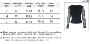 Detailed size chart for lace patchwork V-neck long sleeve top showing measurements in CM
