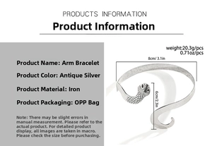 Detailed sizing chart for the antique silver snake arm cuff showing dimensions and weight