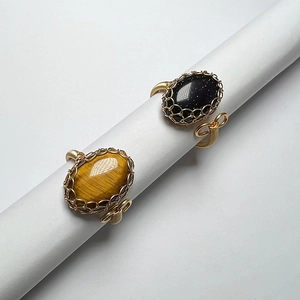 Natural Tiger Eye Blue Goldstone Ring 14K Gold Filled Wire Wrapped Handmade Woven Adjustable Bohemian Jewelry For Women