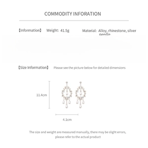 Detailed size chart and specifications for silver tassel rhinestone water drop earrings