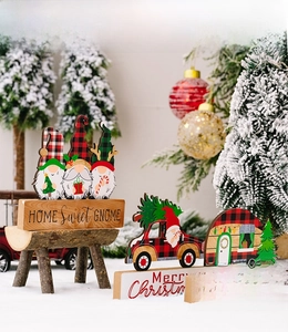 Detail view of 3D Christmas wooden gnome ornaments and holiday truck desktop decorations