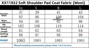 Detailed size chart for the soft slim-fit wool coat showing measurements in centimeters
