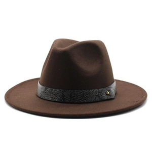 Detail of dark brown wool fedora hat featuring black snakeskin band with gold metal stud