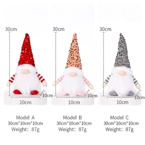 Size specifications of sequined Christmas gnomes in red, pink gold, and grey colors