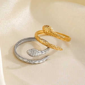 Snake shape wrap rings in gold and silver finish with detailed scale texture
