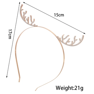 Detailed view of rose gold reindeer headband showing dimensions 17cm by 15cm