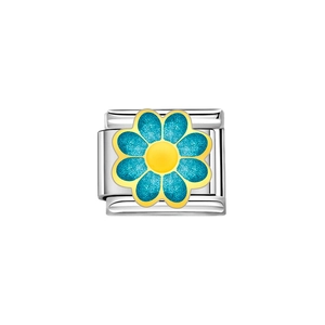Detailed view of silver stainless steel charm link with a blue glitter enamel flower