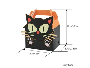 Detailed view of black cat Halloween candy box with dimensions 11.5x8.6x15cm and 22g weight