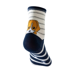 Detail of cotton crew sock featuring cartoon beagle embroidery and blue striped pattern