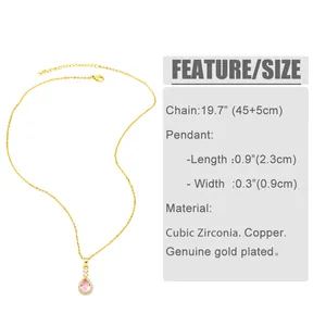 Size chart showing gold chain length and pear-shaped pink zircon pendant dimensions
