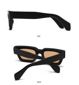 Side and back view of irregular polygonal black sunglasses with brown lenses