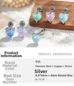 Macro detail of heart-shaped zircon earrings in five colors with steel screw flat backs