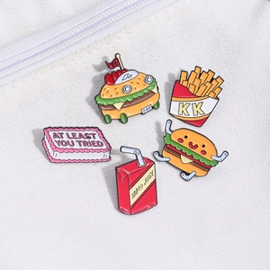 Cute set of 5 cartoon food enamel pins including burger fries and juice box on canvas