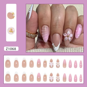 3D lily flower press-on nails with gradient pearls and shell embossed design
