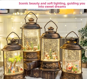 Detail of vintage Christmas lanterns with LED lights and swirling snow inside