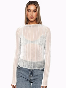 Detailed macro view of white sheer long sleeve top with vertical ribbed texture fabric