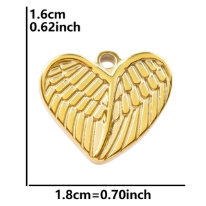 18k gold plated stainless steel heart pendant with feather wing relief and 1.8cm width