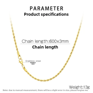 Detail of 3mm gold-plated stainless steel twist rope chain with dimensions and lobster clasp