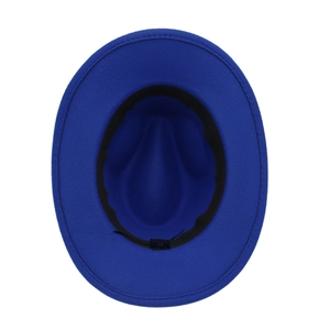 Detail view of royal blue wool jazz hat interior with 57cm sweatband and size label