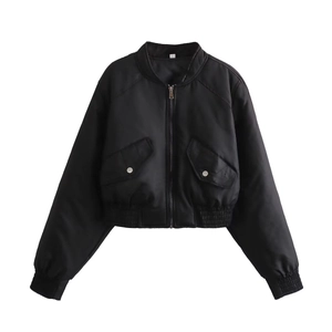 Women's black cropped bomber jacket with ribbed collar and silver metal zipper details