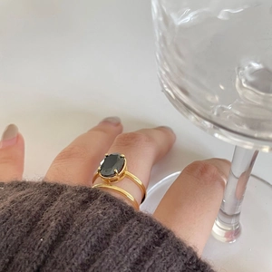925 Sterling Silver Adjustable Ring Oval Black Zircon Double Band Minimalist Elegant Jewelry For Women