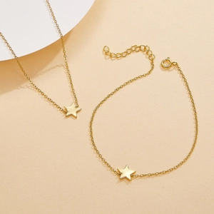 Elegant gold S925 sterling silver star necklace and bracelet set with minimalist design