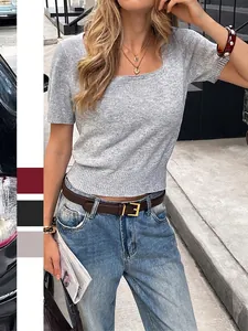 Haut En Tricot À Col Carré Pour Femmes Manches Courtes Élégant Coupe Ajustée Pull Décontracté Couleur Unie