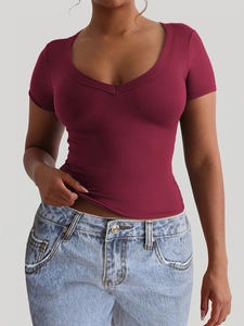 Women's deep red short sleeve T-shirt with a stylish deep U-neck and professional fit