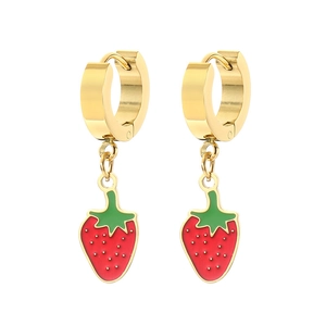 Chic 18K gold plated stainless steel hoop earrings with red strawberry pendants for women