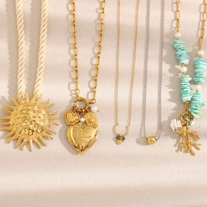Stainless Steel Necklace 18K Gold Plated Heart Locket Coral Natural Stone Sea Shell Sun Pendant For Women Retro Niche