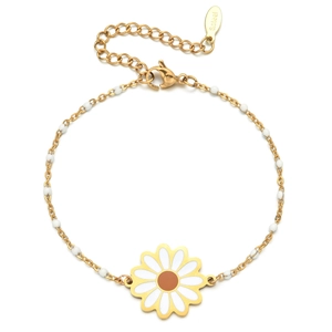 Classic stainless steel daisy charm bracelet with white beads and gold-plated chain