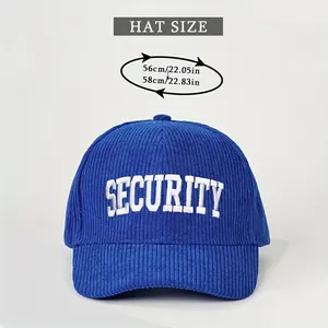 Detailed size chart for blue corduroy baseball cap with Security embroidery