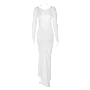 Detail of white long sleeve maxi dress with sheer chest panel and ruched waist design