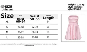 Size chart table for pink off-the-shoulder mini dress showing XS to L measurements