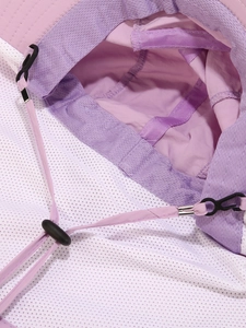 Detail of breathable mesh fabric and adjustable windproof strap on purple sun hat
