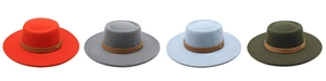Flat top wool felt fedoras in red, grey, blue, and green with leather band detail