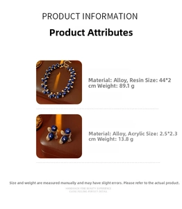 Detailed specs of vintage floral necklace and earrings set with blue resin beads