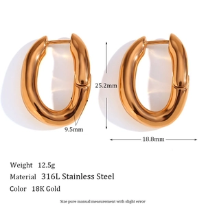 18K gold plated oval hoop earrings in 316L stainless steel with sizing details
