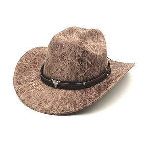Vintage Western Cowboy Hat Polyester Wide Brim With Alloy Bull Head Skull Leather Band Sun Protection Outdoor Unisex