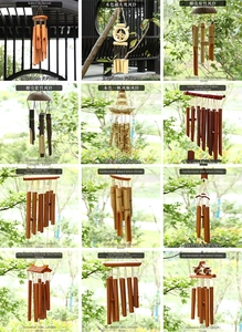 Detailed catalog of bamboo wind chimes in various styles and natural wood finishes