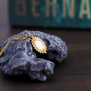 Bohemian gold stainless steel necklace with sunburst oval shell pendant on bead chain