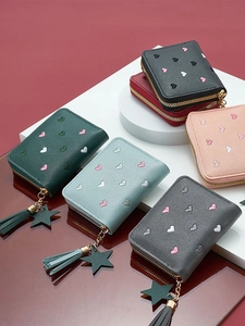 Women Small Wallet PU Leather Zip Around Coin Purse With Heart Embroidery And Tassel Star Charm Short Card Holder