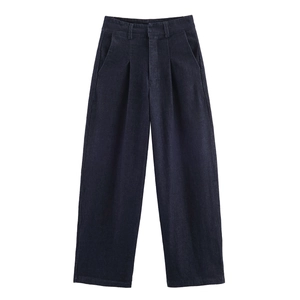 Dunkelblaue Damen-Jeans mit hoher Taille und weitem Bein im schlichten flachen Design