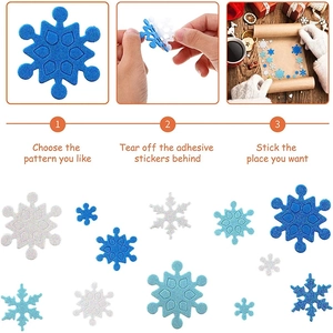 DIY glitter foam snowflake stickers with step-by-step application instructions for crafts