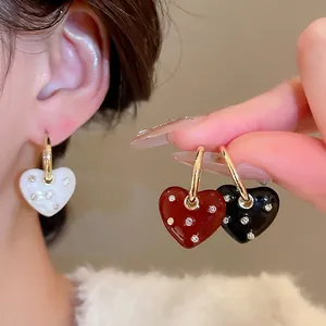 Vintage heart hoop earrings with drip oil finish and sparkling rhinestones for women