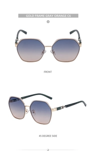 Close-up of gold metal frame sunglasses with gray-orange gradient lenses, front and side view