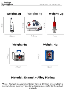 Detail showing dimensions and enamel alloy material for ambulance and syringe pins