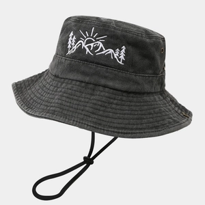 Washed dark grey canvas hiking bucket hat with mountain embroidery and windproof cord