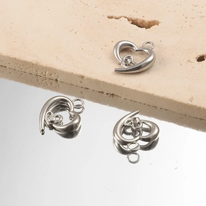 Polished stainless steel hollow heart pendant charms with sparkling crystal accents